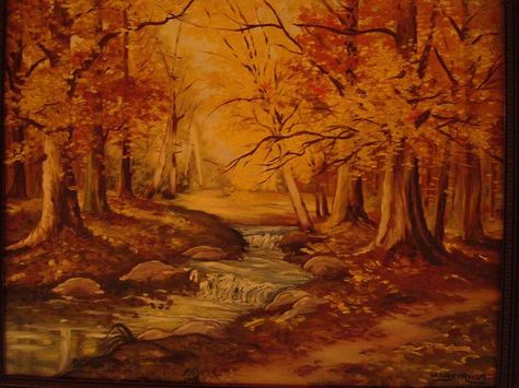 Large oil painting of woods in autumn with rippled stream - by Sandra Cox (after Robert Woods) Robert Woods Paintings, Robert Wood Paintings, Tom Roberts Paintings, Ian Roberts Painting, Woods Autumn, Autumn Forest Painting, Autumn Landscape Oil Painting, Wood Paintings, Robert Wood