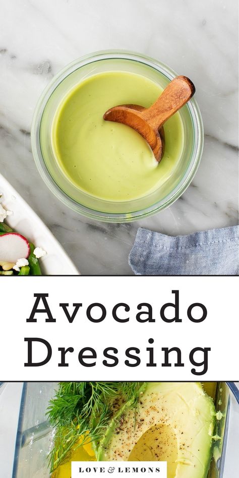 This creamy avocado dressing is bright, healthy, and totally dairy-free! Toss it with salads, drizzle it over roasted veggies, or dollop it onto grain bowls. SO easy and delicious! | Love and Lemons #dressing #avocado #dairyfree #healthy #sauce Avocado Dressing Recipe, Asparagus Salad Recipe, Creamy Avocado Dressing, Avocado Salad Dressing, Creamy Salad Dressing, Grain Bowls, Roasted Radishes, Avocado Dressing, Brown Spots Removal