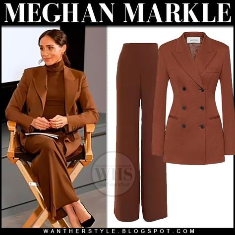 Meghan Markle in brown Valentino blazer and brown Valentino pants december 15 Valentino Blazer, Meghan Style, Meghan Markle Outfits, Valentino Pants, Duchess Meghan, Church Fits, Princess Meghan, Meghan Markle Style, Brown Blazer