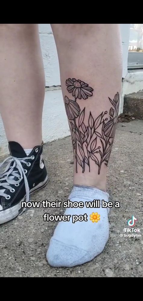 Flower Pot Ankle Tattoo, Flowers On Shin Tattoo, Flower Garden Tattoo Ankle, Flowers Growing From Ankle Tattoo, Wildflower Ankle Tattoo Wrap Around, Flowers Around Ankle Tattoo, Ankle Flower Tattoo Wrap Around, Floral Ankle Tattoo Wraps, Wildflower Leg Tattoo