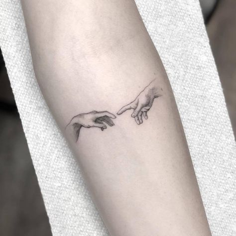 Hands Almost Touching Tattoo, Two Fingers Touching Tattoo, Creation Of Adam Hands, Evolution Tattoo, Bird Tattoo Wrist, Bauch Tattoos, Statue Tattoo, Mommy Tattoos, The Creation Of Adam