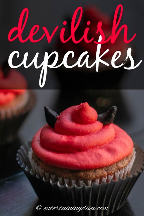 These are the most haunted Halloween cupcakes recipes you just have to add to your Halloween Party Menu. It’s a yummy Halloween dessert recipe that will be the perfect addition for an angels and devils Halloween party theme. | Halloween Treats Red Velvet Halloween, Halloween Dessert Recipe, Easy Halloween Desserts, Halloween Party Menu, Delicious Halloween Desserts, Desserts Halloween, Red Velvet Cupcakes Recipe, Halloween Food Cupcakes, Angels And Devils