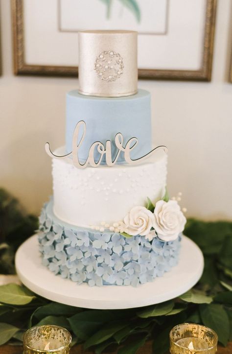 Dusty Blue And Gold Wedding Cake, Wedding Cakes Dusty Blue, Dusty Blue Wedding Cakes, Baby Blue Wedding Cake, Wedding Cake With Blue Flowers, Dusty Blue Wedding Cake, Claire Kyle, Wedding Cake Dusty Blue, December Wedding Colors