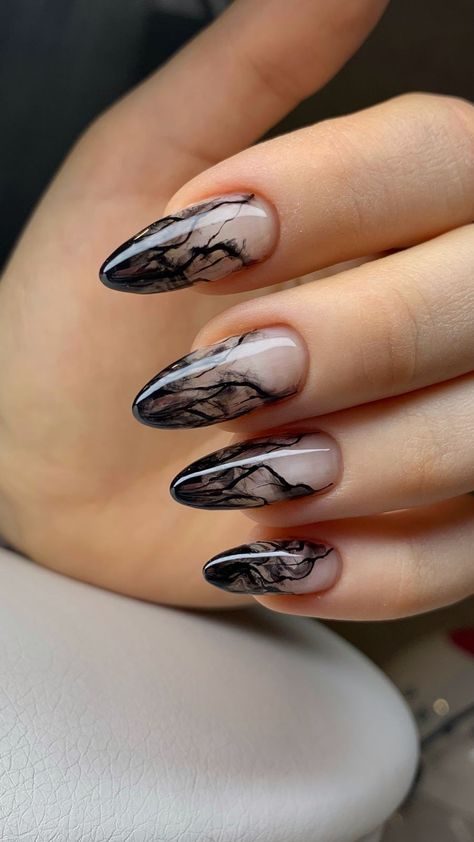 Black Minimalist Nail Art, Gray Black Ombre Nails, Grunge Almond Nails Designs, Clean Black Nail Designs, Onyx Storm Themed Nails, Black Finger Nail Designs, Smokey Marble Nails, Gothic Simple Nails, Black Abstract Nail Art