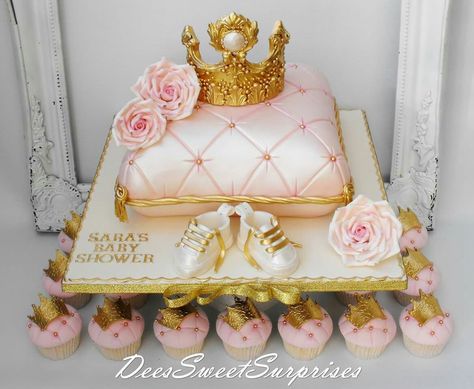 Princess pillow cake Baby Shower Cakes Girl Pink, Princess Baby Shower Cake, Pink Baby Shower Cake, Pillow Cakes, Trendy Baby Shower Themes, Baby Shower Cakes Girl, Royal Baby Showers, Crown Cake, Shower Desserts