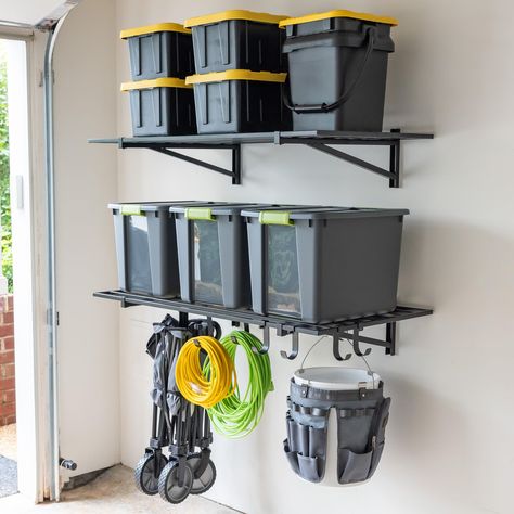 PRICES MAY VARY. GARAGE WALL STORAGE: Organize your garage with this 2 Pack of large wall mounted shelves! Perfect for storage bins, boxes, tires, sporting goods, and more! HEAVY DUTY STEEL: 2' x 4' solid alloy steel square tubing frame supports up to 200 lbs per shelf, up to 400 lbs total among both shelves! HANGING HOOKS: Includes (2) Large Hooks and (6) Small Hooks for hanging storage below the shelves. Great for garden hoses, extension cords, bikes, and more. EASY TO INSTALL: Independent wal Garage Wall Shelves, Garage Wall Shelving, Garage Wall Storage, Wall Mounted Storage Shelves, Wall Mount Storage, Overhead Garage Storage, Bike Storage Rack, Shelf With Hooks, Wall Shelving