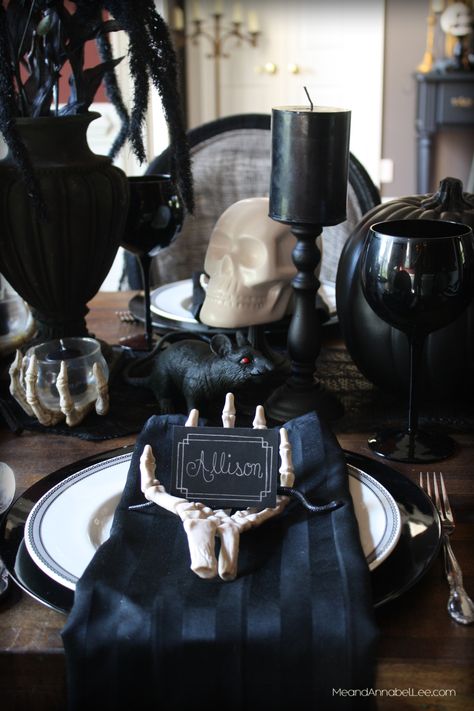 Halloween Dinner Party | Gothic Entertaining | Me and Annabel Lee Halloween Dinner Party Table, Gothic Dinner Party, Dinner Party Table Decor, Gothic Dinner, Halloween Dinner Party, Spooky Dinner, Halloween Sleepover, Dinner Party Table Settings, Party Table Decor