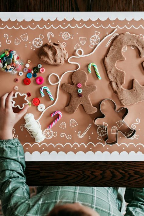 Gingerbread Provocation, Gingerbread Playdough Kit, Gingerbread Man Playdough, Winter Playdough Ideas, Christmas Playdough Kit, Gingerbread Toddler Activities, Flower Pot Kids Craft, Cardboard Cookies, Gingerbread Theme Preschool