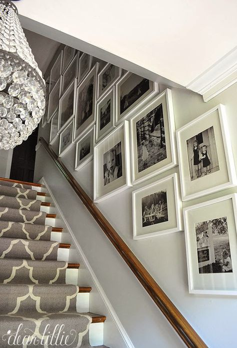 Benjamin Moonshine is one of the best light gray paint colours for a dark hallway or stairs by Dear Lillie Foto Scale, Stairway Gallery, Stairway Gallery Wall, Painting Jobs, Gallery Wall Staircase, Light Grey Paint Colors, Staircase Wall Decor, Stair Wall, Light Gray Paint