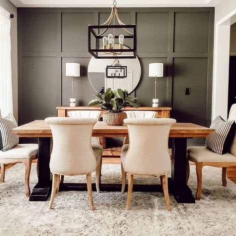 Large Accent Wall Dining Room, Dining Room Inspiration Accent Wall, Textured Accent Wall Dining Room, Dining Room Dark Accent Wall, Accent Walls In Open Floor Plans, Accent Wall Behind Dining Table, Accent Wall Dinningroom, Accent Wall For Dining Room, Dark Accent Wall Dining Room