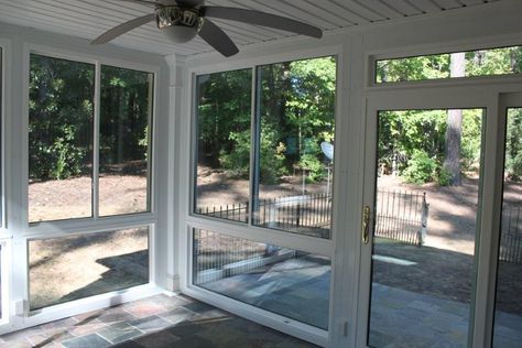 Porch To Sunroom Conversion, Porch To Sunroom, Screened In Porch Diy, Ceiling Fan Light Fixtures, Laundy Room, Porch Enclosures, Porch Windows, Porch Remodel, Enclosed Porches