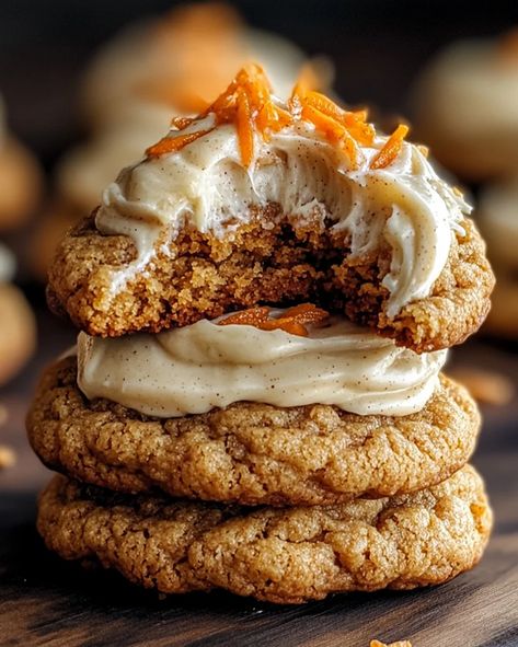 Carrot Cake Cookies with Maple Cinnamon Frosting Recipe Fall Carrot Cake, Holiday Bites, Cinnamon Frosting, Pecan Rolls, Carrot Cake Cookies, Cookies From Scratch, Thanksgiving Cookies, Yummy Dessert, Frosting Recipe