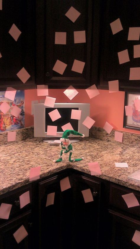 previous pinner said:  Tebowing Phineas our Elf, after making a "post it" mess of my kitchen. Elf On The Shelf Making A Mess, Elf Making A Mess, Elf On A Shelf Ideas, Elf Shenanigans, Elf Jewelry, Cocoa Party, Elf Shelf, Shelf Elf, Shelf Office