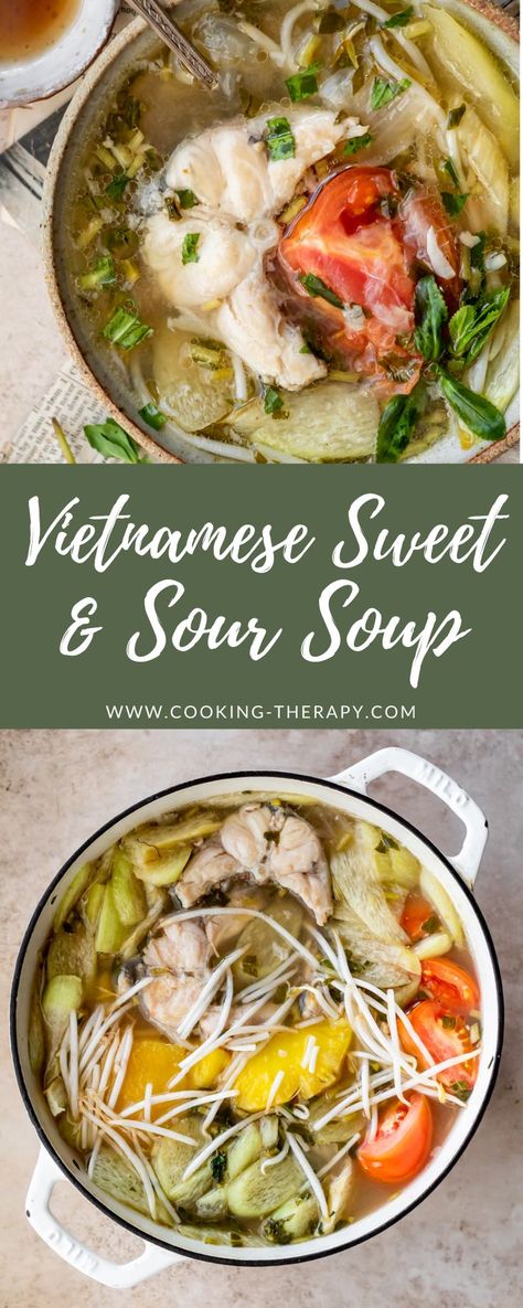 An easy recipe for Vietnamese sweet and sour soup or canh chua. This soup is made with pork, catfish, and a variety of Vietnamese herbs. Vietnamese Pineapple Soup, Vietnamese Sour Soup, Vietnamese Sweet And Sour Soup, Canh Chua Recipe, Sweet Sour Soup, Viet Dishes, Sweet And Sour Soup, Cooking Therapy, Soup Curry