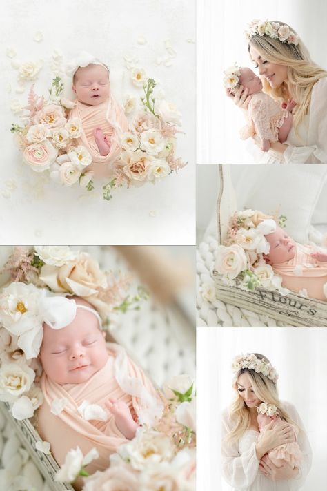 Newborn, intricate flower crown for mom, multi bud headband for baby - light pinks and whites, classic two floral bunches, pink wrap, hair ribbon from our instudio wardrobe, flower basket, mommy and me Wrap Hair, Pink Wrap, Hair Ribbon, Baby Photoshoot, Flower Basket, Baby Headbands, Mommy And Me, Flower Crown, Newborn Photography