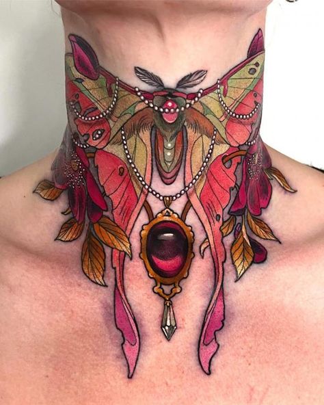 Large Moth Back Tattoo, Hydrangea Back Tattoo, Neck Tattoos Women Color, Double Chin Tattoo, Upper Back Cover Up Tattoos, Art Nouveau Butterfly Tattoo, Luna Moth Neck Tattoo, Moth And Snake Tattoo, Moth And Lantern Tattoo