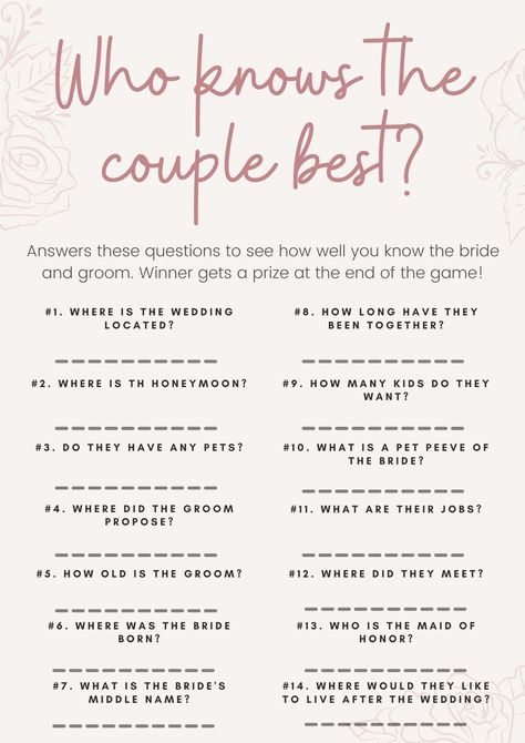 Who Knows the Couple Best Bridal Shower Game Printable Worksheet Template. Couples Bridal Shower Games, Who Knows The Couple Best Game, Who Knows The Couple Best, Wedding Games For Guests, Bridal Shower Printables, Bridal Bachelorette Party, Wedding Shower Games, Bridal Shower Game, Future Wedding Plans