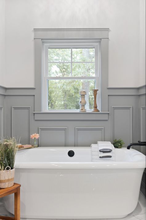 Tall Bathroom Wainscotting, Wainscoting Around Windows Bathroom, Grey Wainscoting Bathroom, Master Bath Wainscoting, Window Trim Bathroom, Bathroom With Moulding, Thick Window Trim, Bathroom Moulding, Bathroom Monochrome