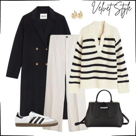 ⚓️❄️ This ensemble combines a wide-leg white pant with a classic striped marinière sweater, creating a chic and cozy look. Topping it off is a timeless navy blue pea coat, adding sophistication to your winter wardrobe. Sail through the season in style with this nautical-inspired outfit! 💅 • Coat | Claudie Pierlot • Jumper | H&M • Pants | Mango • Sneakers | Adidas Samba • Bag | Longchamp • Earrings | Stradivarius #OOTD #Winter #Hiver #Fashion #FashionInspiration #StyleInspo #StyleInspiration... White And Navy Striped Sweater Outfit, Navy Striped Top Outfit, Navy Stripe Top Outfit, Navy Samba, Nautical Inspired Outfit, Striped Top Outfit, Lebaran Outfit, Striped Sweater Outfit, Outfit Coat