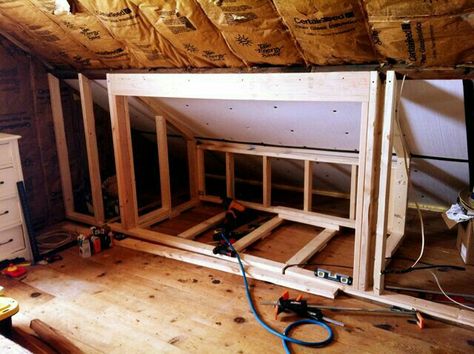 Bed nook Attic Bed, Attic Renovation Ideas, Attic Doors, Attic Playroom, Attic Loft, Frame Work, Built In Bed, Small Attic, Attic Conversion