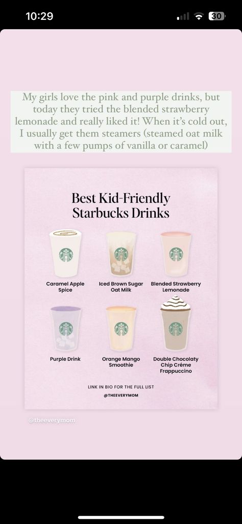 Kid Friendly Starbucks Drinks, Kids Starbucks Drinks, Starbucks Kids Drinks, Starbucks Drinks For Kids, Colby Wallpaper, Barista Recipe, Drinks For Kids, Best Starbucks Drinks, Starbucks Orders