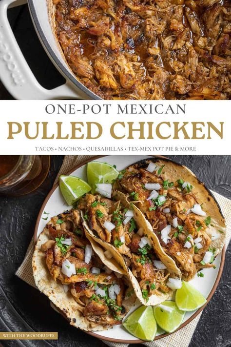 Oven Shredded Chicken, Oven Pulled Chicken, Mexican Pulled Chicken, Dutch Oven Chicken Breast, Pulled Chicken Recipe, Mason Woodruff, Dutch Oven Recipes Cast Iron, Pulled Chicken Tacos, Dutch Oven Chicken