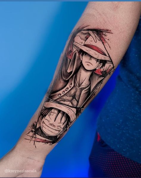 Luffy Tatoos Ideas, One Piece Arm Tattoo, Monkey D Luffy Tattoo Ideas, Tato One Piece, Chest Shoulder Tattoo Men, Luffy One Piece Tattoo Design, Luffy Tattoo One Piece, Upper Shoulder Tattoo Men Ideas Design, Anime Tattoo Ideas For Men