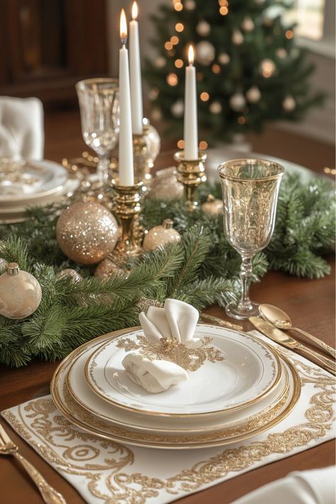 For a more refined holiday look, try using gold candle holders surrounded by pine branches and a few ornaments. This French Christmas centerpiece is simple yet elegant, with candlelight that gives a soft, festive glow. It’s perfect for anyone who loves a bit of sparkle with their greenery. Could this be the elegant touch your table needs? Gold Christmas Centerpieces For Table, Gold Candle Centerpiece, Gold Christmas Tablescapes, White And Gold Christmas Table, Christmas Table Centerpieces Elegant, Christmas Tablescapes Elegant, Gold Christmas Table, Elegant Christmas Centerpieces, Christmas Table Decorations Centerpiece