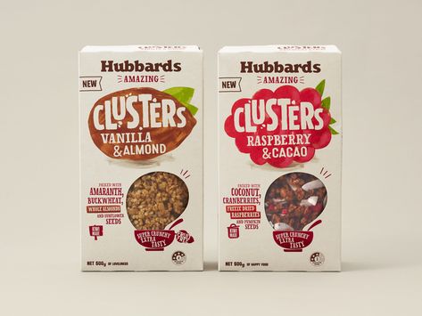 Hubbards Amazing Clusters Muesli Packaging Design » Onfire Design Cereal Packaging, Gluten Free Brands, Product Packaging Design, Chocolate Pack, Freeze Dried Raspberries, Raspberry Almond, Dried Raspberries, Happy Foods, Food Packaging Design