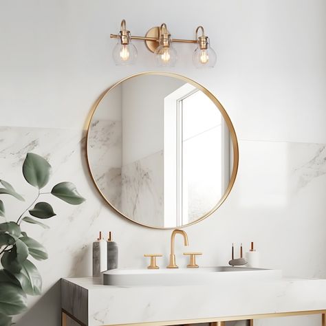 Modern Glam Bathroom, Glam Bathroom, Bathroom Ambiance, Ceiling Fan Bathroom, Vanity Light Bar, Light Fixtures Bathroom Vanity, Contemporary Vanity, Vanity Light Fixtures, Vanity Lights