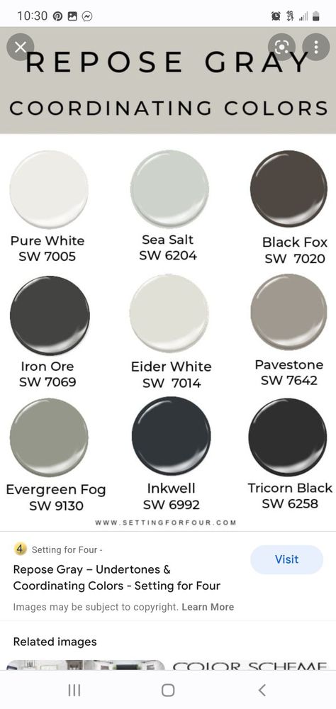 Eider White Sherwin Williams, Eider White, Paint Color Combos, Painted Kitchen Cabinets Colors, Repose Gray, Paint Color Inspiration, House Color Palettes, Painted Front Doors, House Color Schemes