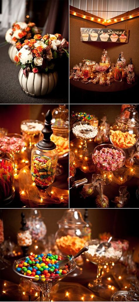 Flowers in pumpkin and lights in tulle? Header Halloween, Ideas Para Catering, Halloween Wedding Ideas, Halloween Weddings, Candy Buffet Wedding, Halloween Themed Wedding, Halloween Cans, Candy Table, Wedding Candy