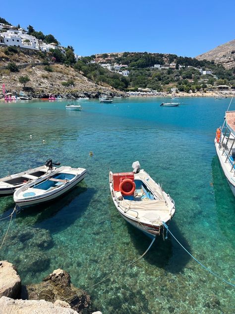 Crystal blue water aesthetic boats Greece summed Greece Rhodes Aesthetic, Los Greece, Boats Aesthetic, Rhodes Aesthetic, Greece Lindos, Lindos Greece, Rhodes Island Greece, Lindos Rhodes, Europe Holiday