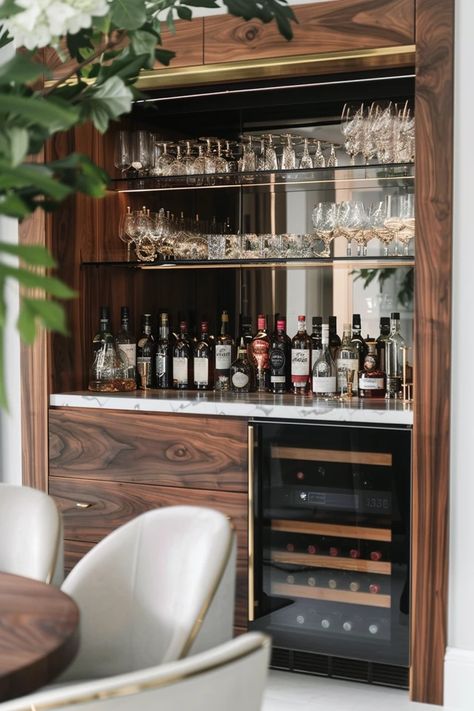 5 Tips for Designing the Perfect Home Bar Home Office With Bar Area, Hidden Cocktail Bar, Turning Dining Room Into Bar, Bar Shelf Lighting Ideas, Closet Dry Bar Ideas, Small Indoor Bar Ideas, Built In Bar Next To Fireplace, Barware Display Ideas, Antique Mirror Bar