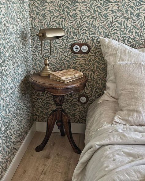 MorrisandCo on Instagram: "We just love this little corner from @decosstyle, proving you don't need acres of space to create a timeless feel. Just a well-placed pattern and a treasured object or two. Featured wallpaper: Willow Boughs, designed by William Morris in 1887. Follow the link in bio to order a sample" Featured Wallpaper, William Morris Wallpaper, Morris Wallpapers, Feature Wallpaper, William Morris Designs, Land Of Nod, Tv In Bedroom, Willow Pattern, Wallpaper Bedroom