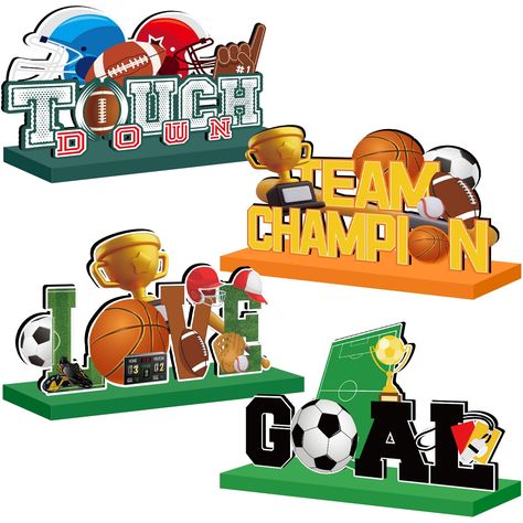 PRICES MAY VARY. Sports Themes: These sports birthday party decorations wooden signs are beautifully designed and printed with the words "TOUCH DOWN", "TEAM CHAMPION", "LOVE" and "GOAL". The clever way is to incorporate classic ball elements such as baseball, football, basketball, soccer, trophies, hat, etc. Unique and attractive, it is the perfect choice for any sports themed party. Assembly Easily: Each sports birthday party decorations wooden sign has a wooden base at the bottom to better sec Sports Birthday Party Decorations, Wooden Table Centerpiece, Soccer Trophies, Sports Table, Sports Theme Birthday, Party Entrance, Sports Birthday Party, Birthday Centerpieces, Sports Birthday