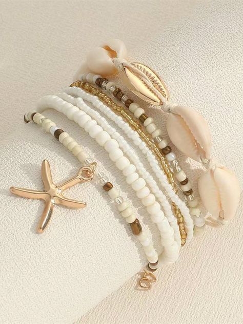 7pcs/Set Bohemian Style Shell Pearl Beaded Bracelets With Starfish Pendant For Women, Bracelet Set White Vacation   Glass     Women Fashion Jewelry, size features are:Bust: ,Length: ,Sleeve Length: Beaded Starfish, Summer Beach Jewelry, Stella Marina, Starfish Pendant, Rice Bead, Shell Bracelet, Styl Boho, Hand Jewelry, Mua Sắm