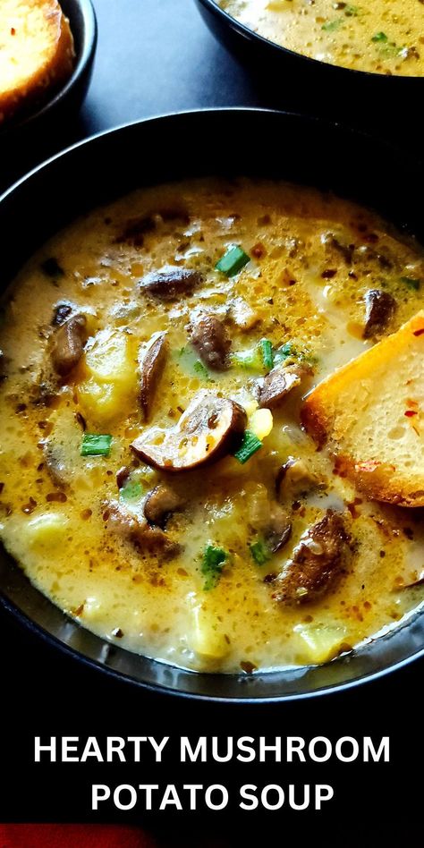 Want to add more flavors to a basic potato soup? Try this delicious potato soup with mushrooms. It's easy to make, needs a handful of ingredients but is very flavorful and satisfying. Mushroom Potato Soup, Mushroom Potato, Soup With Mushrooms, Soup Kitchen, Potato Soup Recipe, Tasty Vegetarian Recipes, Vegetarian Soup, Vegan Soup, Easy Soups