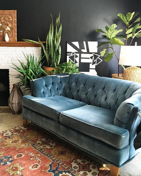 The couch and rug and black wall. Dark Blue Couch, Velvet Couch Living Room, Bamboo Nightstand, Teal Couch, Blue Velvet Couch, Blue Sofas Living Room, Blue Couch Living Room, Velvet Sofa Living Room, Tufted Couch