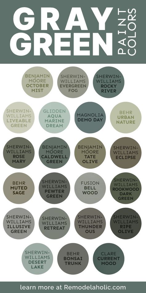 Green Undertone Paint Colors, Rustic Home Decor Paint Colors, Hunter Green Kitchen Ideas, Rustic Indoor Paint Colors, Green Farmhouse Color Scheme, Modern Bedroom Palette, Fun Kitchen Paint Ideas, Paint Colors That Go With Gray Furniture, Green Paint That Goes With Gray