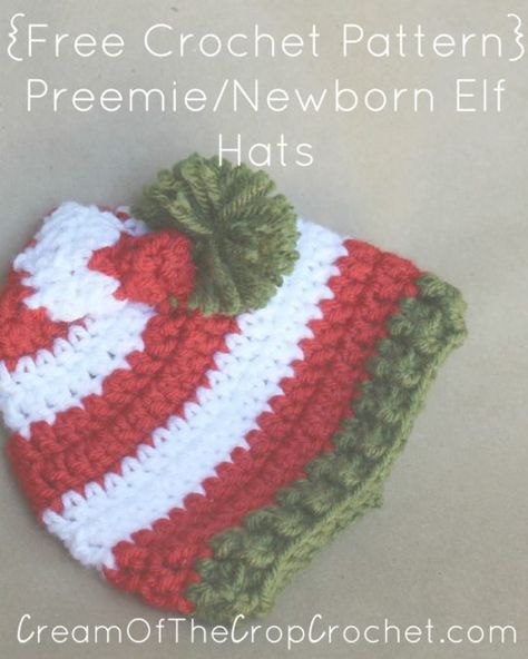 Cream Of The Crop Crochet ~ Preemie/Newborn Elf Hats {Free Crochet Pattern} Crochet Elf Hat Pattern, Crochet Preemie Hats, Crochet Elf Hat, Baby Elf Hat, Elf Hats, Preemie Crochet, Crochet Santa Hat, Crochet Christmas Hats, Newborn Crochet Patterns