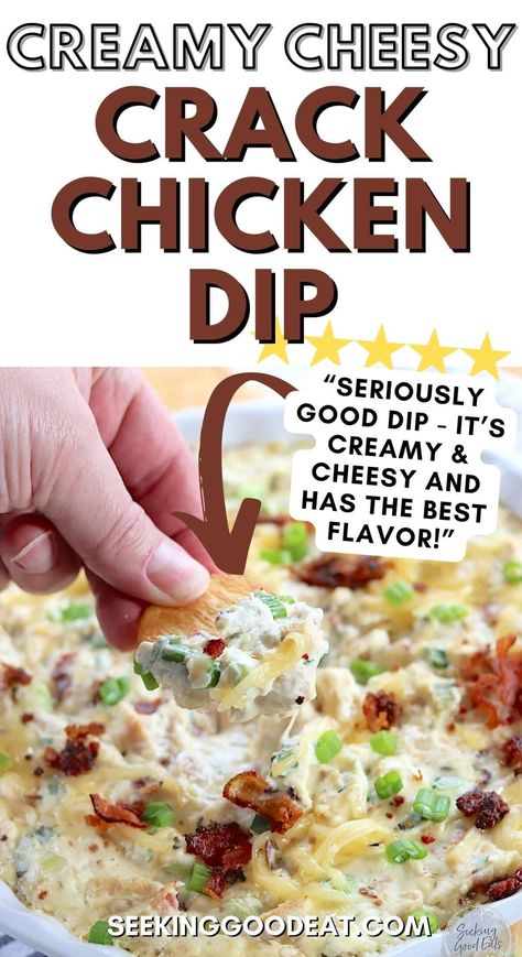 A hand scooping up warm crack chicken dip with a cracker. Game Day Chicken Recipes, Chicken Dip Crockpot, Chicken Bacon Ranch Dip, Chicken Dips Crockpot, Dip Recipes Crockpot, Bacon Ranch Dip, Cracker Chicken, Chicken Dip Recipe, Mini Appetizers