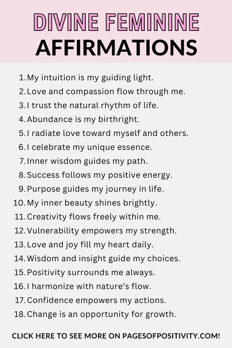 Divine Feminine Affirmations Positive Feminine Affirmations, Healing Divine Feminine, Feminine Affirmations For Women, Valentines Affirmations, Feminine Energy Affirmation, February Affirmations, Loving Affirmations, Divine Feminine Affirmations, Body Affirmations