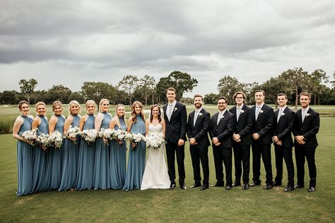 Dusty Blue And Black Wedding, Groom Idea, Blue Groomsmen Attire, Groomsmen In Black, White Tuxedo Wedding, All White Flowers, Black Tuxedos, Mens Tux, Slate Blue Wedding