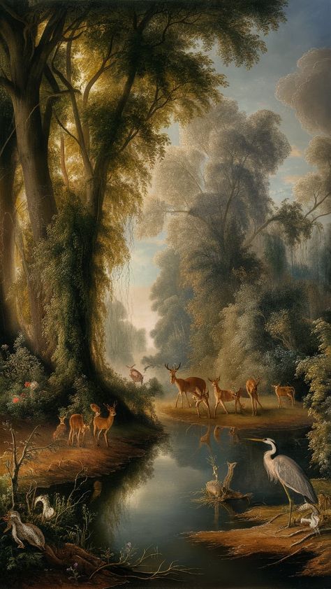 Immerse yourself in 'Dawn's Embrace,' a breathtaking artwork blending Renaissance techniques with Impressionist vibrancy. Experience serene countryside beauty at dawn, where sunlight dances through trees, casting shadows on a mirrored river. Witness lifelike flora and fauna, including deer and herons, in a tranquil atmosphere that evokes awe. Perfect for art lovers and nature enthusiasts. #Art #Nature #Impressionism #Renaissance Casting Shadows, Pretty Backgrounds, Herons, Romantic Art, Art Nature, Nature Paintings, Scenic Landscape, Flora And Fauna, Art Lovers