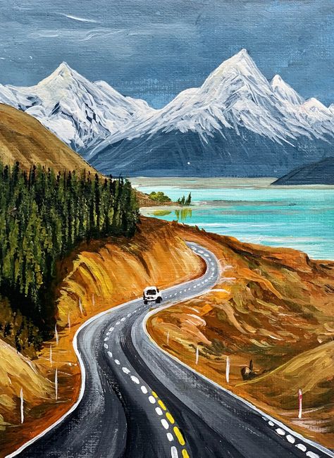 Road To Mountains, Road Acrylic Painting, Acrylic Landscapes, Online Painting Classes, Among The Clouds, Road Painting, Landscape Acrylic Painting, Landscape Acrylic, Painting Classes