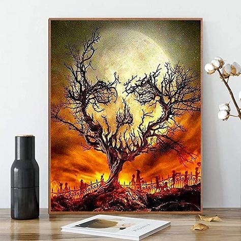 Image Halloween, Halloween Artwork, Halloween Painting, Canvas Painting Diy, Tree Canvas, Tree Wall Art, Diy Canvas, Mosaic Crafts, Paint By Number