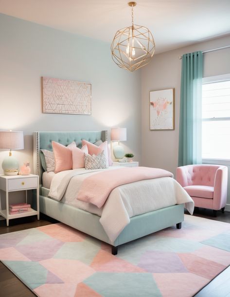 Girls Pink And Blue Bedroom, Pastel Colour Bedroom Ideas, Teal And Blush Bedroom, Teen Bedroom Paint Ideas, Pre Teen Room Ideas, Pre Teen Girls Bedroom Ideas, Pre Teen Girls Room, Pop Of Color Bedroom, Blue Purple Bedroom