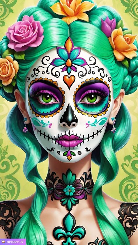 Mexican Sugar Skull Art Beautiful, Sugar Skull Art Painting, Sugar Skull Art Drawing, Sugar Skull Wallpaper, Day Of The Dead Makeup, Sugar Skull Face, Sugar Skull Artwork, Dead Makeup, Mexican Culture Art