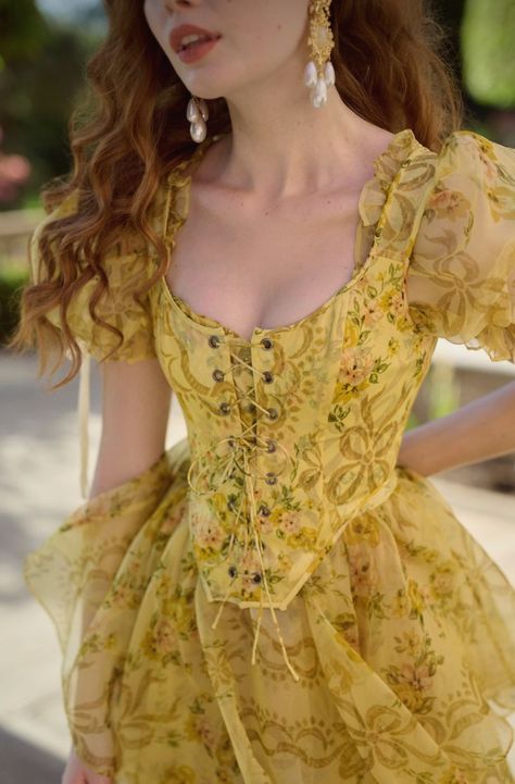 Forest Nymph, Puff Dress, Yellow Aesthetic, Yellow Print, The Duchess, Starter Pack, Fantasy Fashion, Dracula, Fancy Dresses